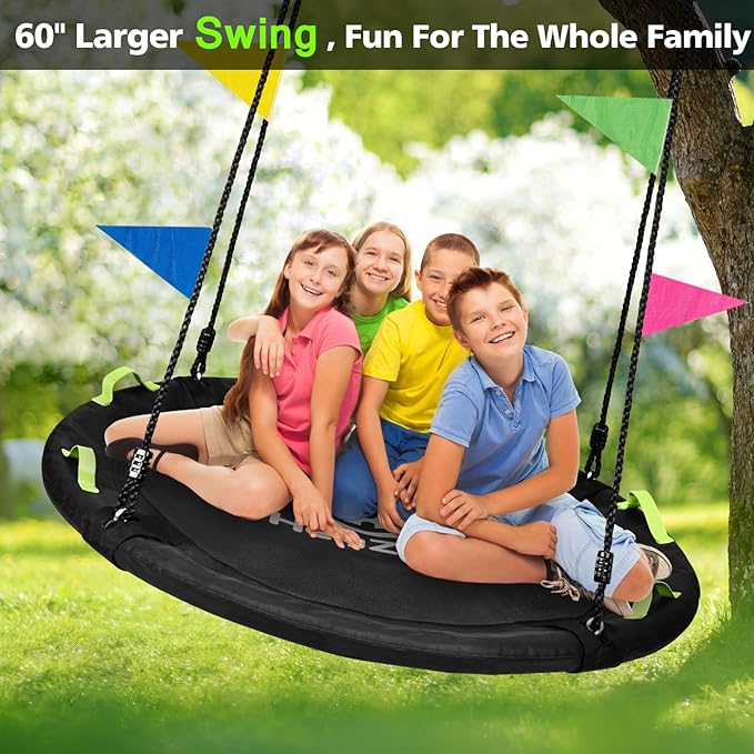 Tree Swing, 60 inch Larger Saucer Swing for Whole Family, 900lbs Weight Capacity, with Adjustable Hanging Straps, for Outdoor Backyard, Gifts for Kids, Black