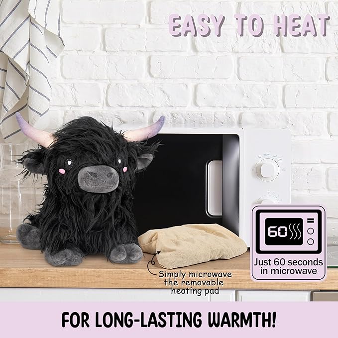 Happy Fuel Highland Cow Microwavable 1.5lbs Unscented Heating Pad for Women & Kids- Cute Soft Cozy Pillow Plush Heatable Warm Stuffed Animals- Kawaii Hot & Cold Plushie Toy- Cow Gifts for Girls & Boys