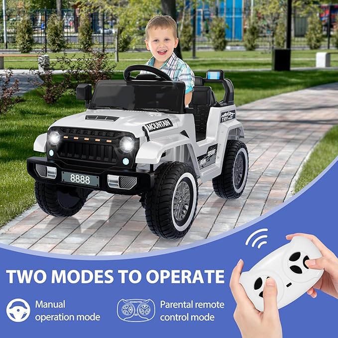 12V Kids Ride On Truck Car, Battery Powered Electric Vehicle Toy w/Parent Remote Control, Spring Suspension, 3 Speeds, LED Light, Music & Horn, Electric Cars for Kid, Gift for Boy Girl, White