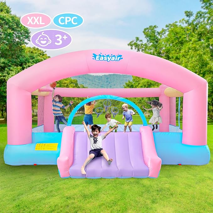 Large Bounce House for Big Kids, 14.8 x 14.5 FT Inflatable Bouncer Jumper Slide with 650W Blower, Basketball Hoop, Throw Ball Game, Ball Pits (Pink, 177" L x 174" W x 94" H)