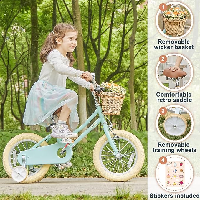 Petimini Girls Bike with Basket for 2-12 Years Old Kids, 12 14 16 18 20 Inch Bicycle with Bell Training Wheels Basket, Multiple Colors