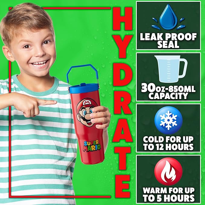 Get Trend Super Mario Tumbler Stainless Steel with Straw 30oz Kids Teens Insulated Cup with Lid Travel Mug Cups for School Sports Gifts for Kids (Red Super Mario)