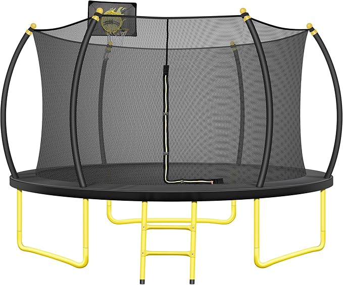 16FT Pumpkin Trampoline for Kids Adults, ASTM Approved Outdoor Recreational Trampoline with Basketball Hoop, Enclosure Net, Yellow