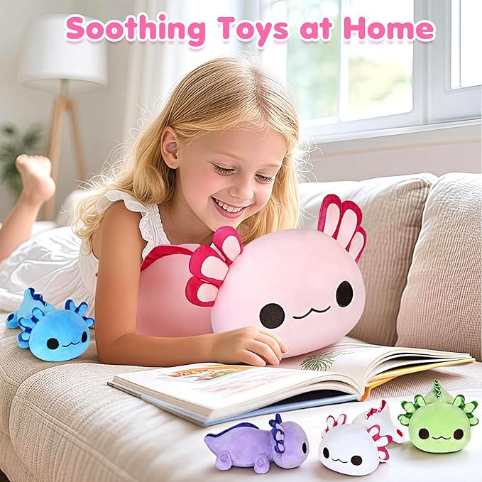 KIZZYEA Axolotl Plush Toys for Ages 0 1 2 3 4 5 6 7 8+ Year Old, Axolotl Mommy Stuffed Animal with 4 Baby Axolotls in Her Tummy, Plush Toys Set, Christmas Birthday Gifts for Baby, Toddler, Kids