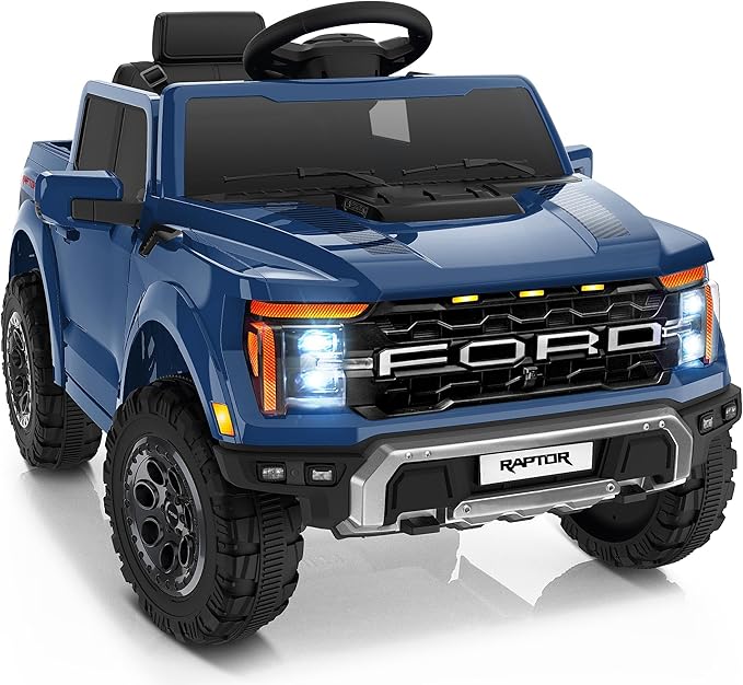 First Ride On 12V Electric Car for Kids, Licensed Ford F-150 Raptor Toddler Ride on Toys with Remote Control, Kids Ride on Truck with Smooth Start, Truck Bed Storage, Bluetooth (Blue)