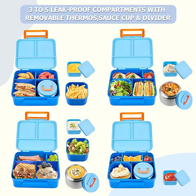 MAISON HUIS Bento Box for Kids with 8oz Soup Thermo, Leak-proof Lunch Food Containers with 5 Compartment, Insulated Lunch Bag & 17oz Stainless Steel Water Bottle for School, Trvael