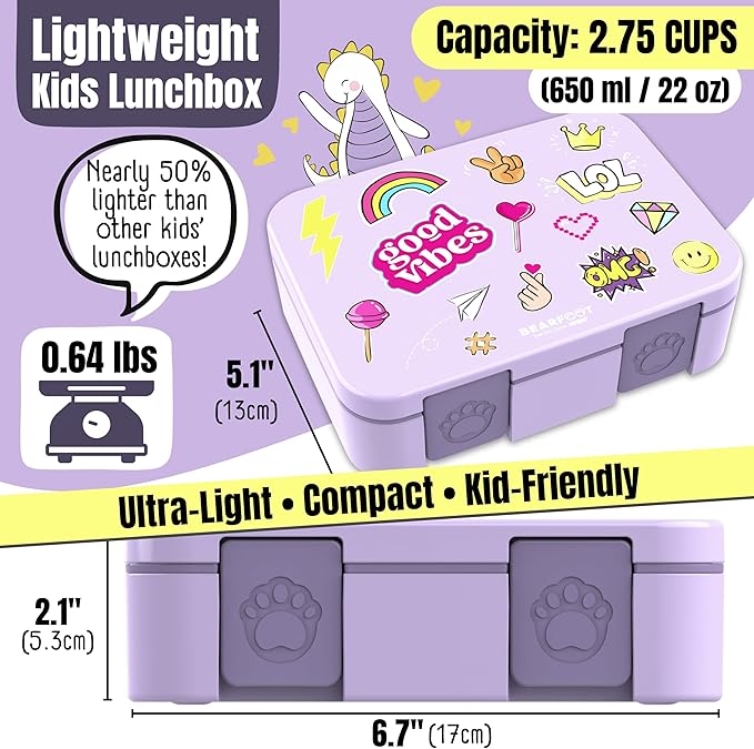 BEARFOOT Kids Lunch Box with Compartments – Compact & Lightweight | Leak-Proof, BPA-Free, Dishwasher & Microwave Safe | Hand-Drawn Design for Preschool, School, Travel (Sticker Purple, 2.75 Cups)