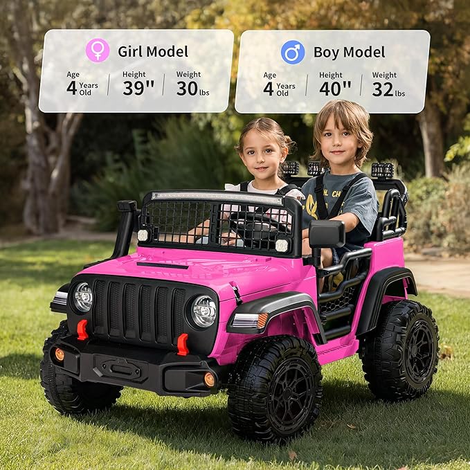 2 Seater Ride on Car Toy, 12V Electric Car for Kids 4-8 with Remote Control, Capacity 110 lb, LED Light - Pink
