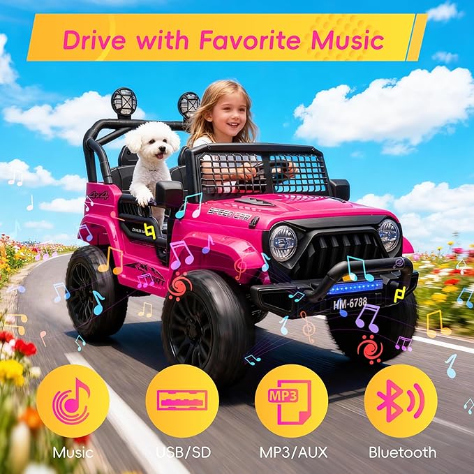 24V Electric Car for Kids Truck Car Ride On Car Kids Car Equipped with Bluetooth,Parental Remote Control,LED Lights,Double Open Doors,Wear Resistant Wheels-Pink