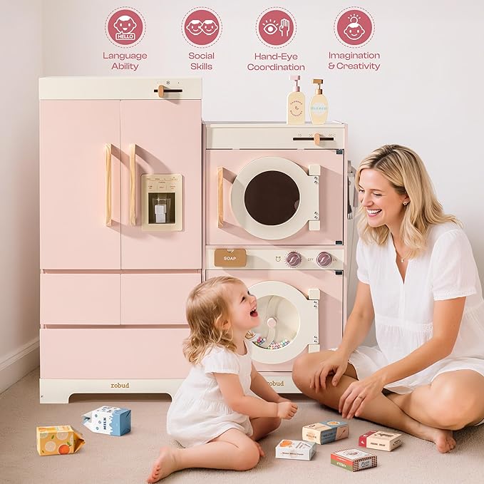 ROBUD Wooden Play Kitchen, Kids Kitchen Playset, Toy Kitchen Set with Fridge, Washing Machine, Dishwasher Toddlers Kitchen Playset Gift for Boys & Girls, Age 3+ (Pink)