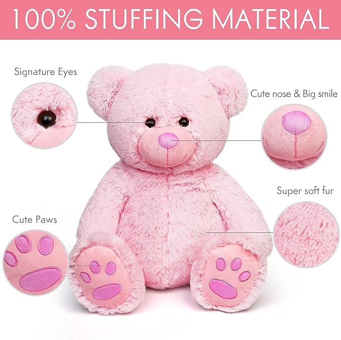 LotFancy Teddy Bear Stuffed Animals, 20 inch Pink Stuffed Bear, Cute Plush Toy with Footprints, Plushies for Kids Baby Toddlers on for Girlfriend, Easter Decoration