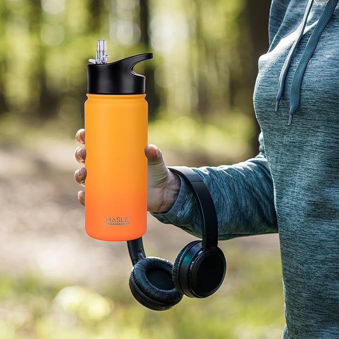 HASLE OUTFITTERS Insulated Water Bottle Kids 16 oz Double Wall Vacuum Stainless Steel Water Bottle Leak Proof for School Wide Mouth with Straw Lid Spout Lid Keeps Cold and Hot(Yellow and Orange,1pack)