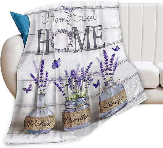 Farmhouse Floral Blanket for Women Girls Ultra Soft Cozy Lavender Flower Throw Blanket Fleece Fuzzy Plush Bedding Blanket Purple Flower Gifts for Women Girls Kids Adults Couch Sofa 80"x60"