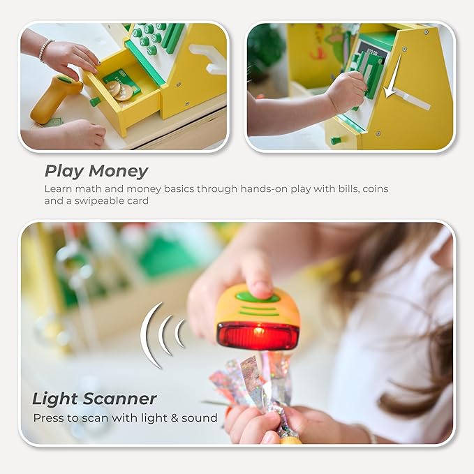 Teamson Kids Fishing Shop Playset with Cash Register & Scanner, Wooden Role Play Counter for Toddlers, Pretend Market Toy with Fish & Accessories, STEM Gift for Ages 3+