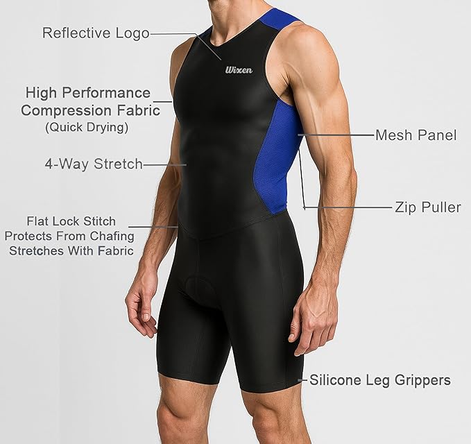 Wixen Men's Performance Triathlon Suit Sleeveless Tri Suit Padded Quick Dry Run Swim Bike