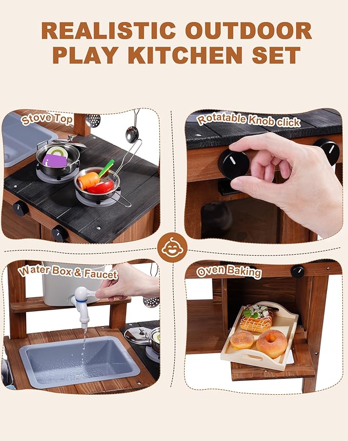 ROBUD Mud Kitchen for Kids Outdoor with Wheels, Wooden Outdoor Play Kitchen, Kids Mud Kitchen with Removable Sink & Faucet, Monteeori Toys for Children Ages 3+ Years, WG403