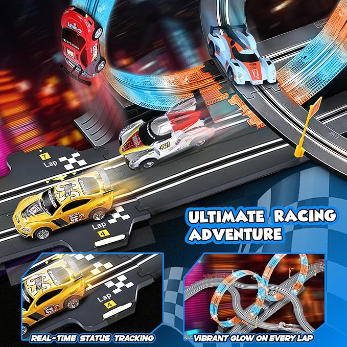 Slot Car Race Track Sets with 4 Slot Cars, 2 in 1 Electric Race Cars Track,Car Tracks,Dual Racing Game Lap Counter Circular Overpass Track, Gift Toy for Boys Kids Ages 6 7 8-12