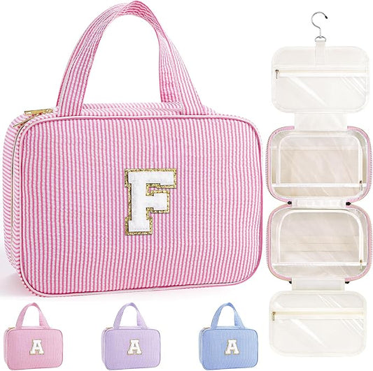 TOPEAST Gifts for Friends - Friendship Gifts for Women, Travel Toiletry Bag for Women, Hanging Toiletry Bag, Monogrammed Initial Toiletry Pouch Makeup Bag - Letter F, Pink