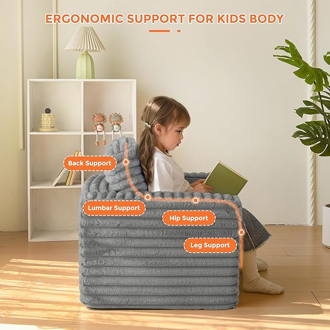 MAXYOYO Kids Bean Bag Chair, Comfy Faux Fur Bean Bag Sofa with Filler, Upholstered Floor Sofa with Pillows and Armrests, Lazy Floor Chair Couch for Boys and Girls, Grey