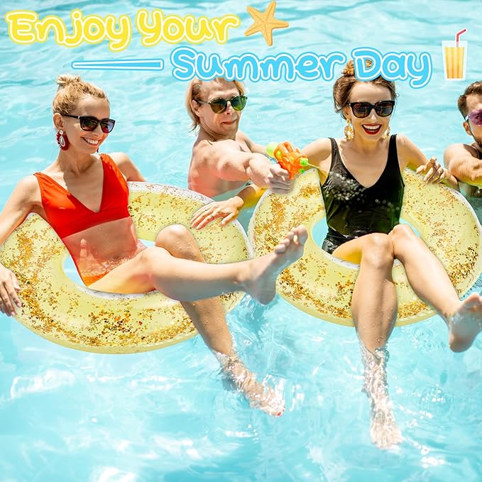 ShinyRelief 4 Pcs Inflatable Glitter Pool Float 30'' Macaron Swim Tube with Gold Confetti Swim Inner Tube for Adults Pool Floats Rings for Summer Beach Swimming Pool Bachelorette Party