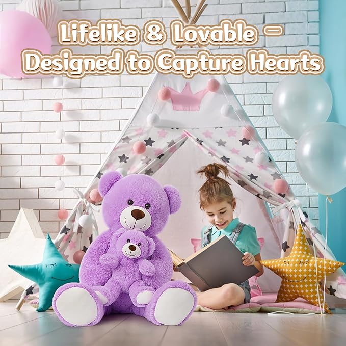 MorisMos Mom and Baby Giant Teddy Bear, 39inch Soft Big Teddy Bears Stuffed Animal Plush for Baby Shower, Purple