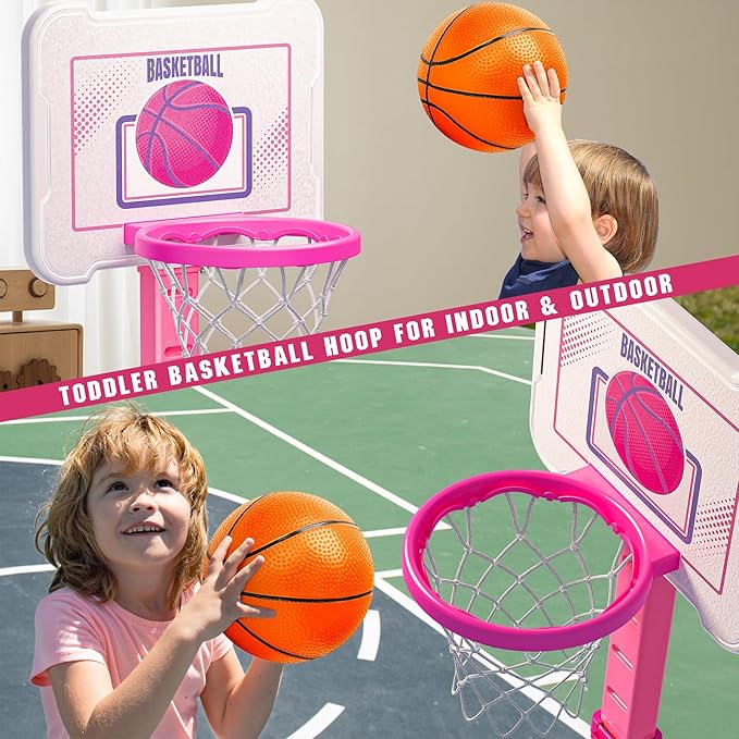 Toddler Basketball Hoop Indoor for Age 1-3, Height Adjustable Poolside Basketball Hoop with 3 Balls, Mini Basketball Hoop Sport Toys Birthday for Toddler Girl 1 2 3 4 Year, Pink