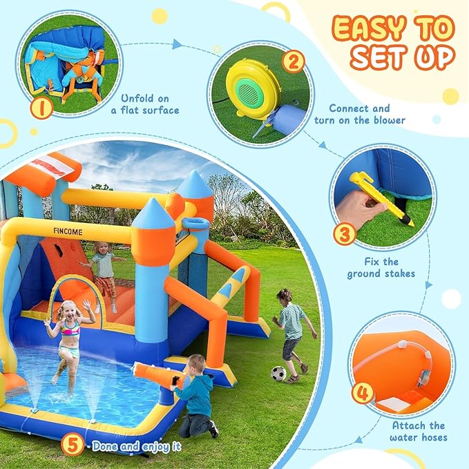 Bounce House, Inflatable Bounce House with Water Slide for Kids Indoor & Outdoor, Bouncy Castle with Football Frame, Water Cannon, Basketball Hoop & Ring Toss, Water Slides for Kids Backyard