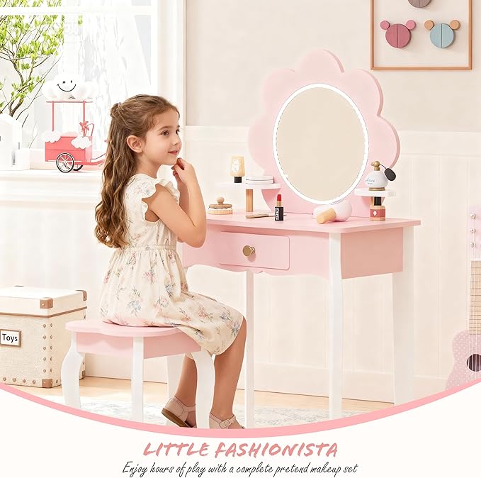 Spirich Kids Vanity, Girls Vanity Set with Mirror and Stool and Lights, Kids Vanity Table and Chair Set, Wooden Princess Makeup Desk Dressing Table (Flower Shape with LED Strip)