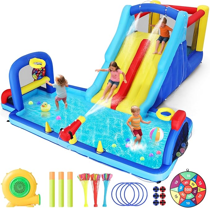 Inflatable Water Slide Bounce House, Double Slide Bouncer Castle Playhouse w/Splash Pool,Jump Area, Climbing Wall,Basketball Hoop, Water Balls, 550W Air Blower for Kids Backyard Indoor Outdoor Use
