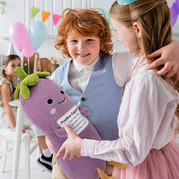 Positive Eggplant Pickle,Pickle Stuffed Animal-20” Plush Eggplant Stuffed Animal with Positive Words,Kawaii Plush Toys Vegetable Plushies Pillow,Birthday&Christmas Gifts for Kids Adults