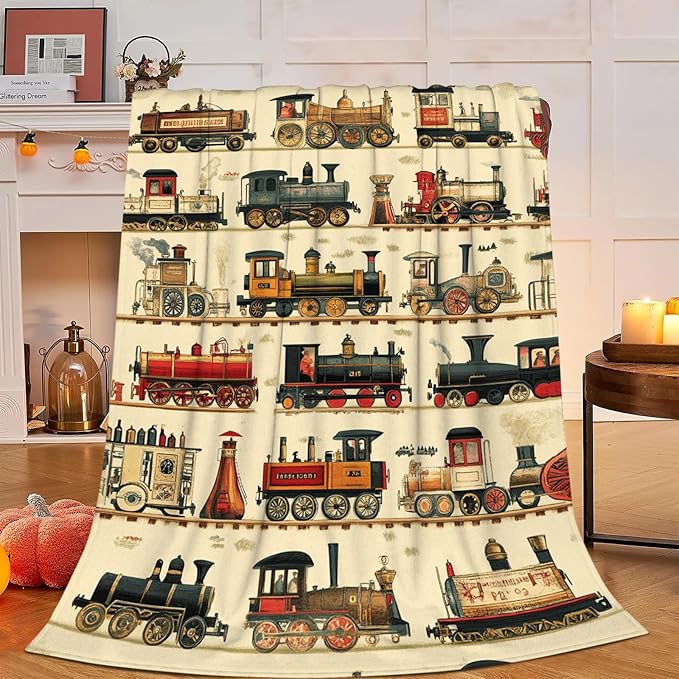 Train Blanket, Steam Train Blanket, Vintage Car Gifts Blankets Stuff Fleece Flannel Plush for Boys Men Women Girls Lovers Adults Soft Bedding Gift for Sofa Bed Office Home Decor 80"x60"