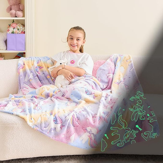 Wajade Unicorn Gifts for Girls - Glow in The Dark Unicorn Blanket Birthday Easter Decor for Kids Age 3 4 5 6 7 8 9 10 11 12 Years Old Teens Child Toddler Throw Colourful 50"x60"