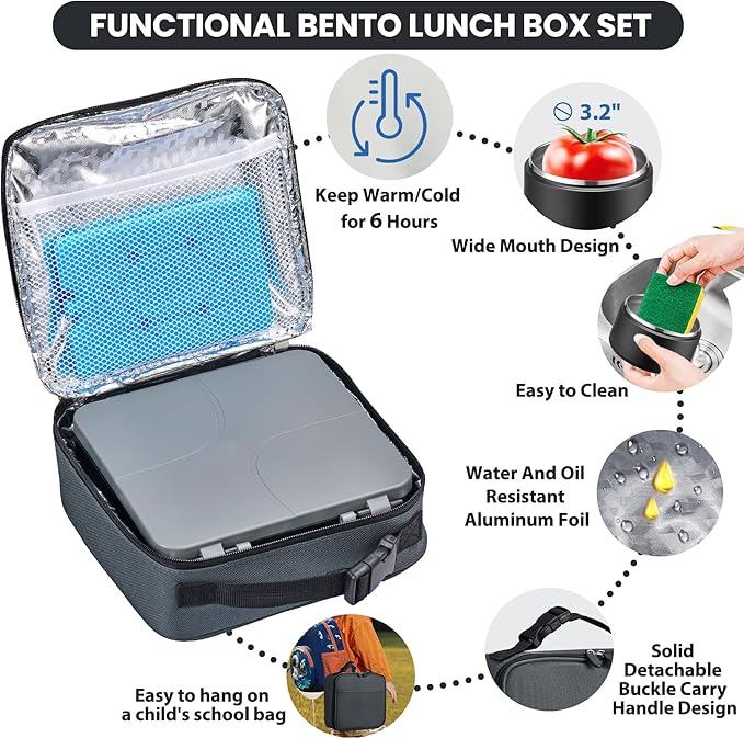Bento Lunch Box with 8oz Soup Thermo,Kids Leakproof 4 Compartment Lunch Food Containers with Sauce Cup and Ice Pack,Kids Thermo Insulated Hot Food Jar and Lunch Bag for School,Trvael-Black