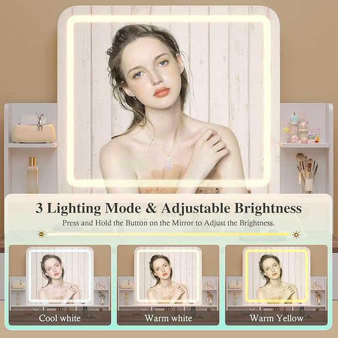 White Vanity Desk with Mirror and Lights 3 Colors, Makeup Vanity Table with Lights & Power Outlets,Makeup Desk with 5 Drawer and Storage Shelves, Jewelry Storage for Bedroom,White Vanity