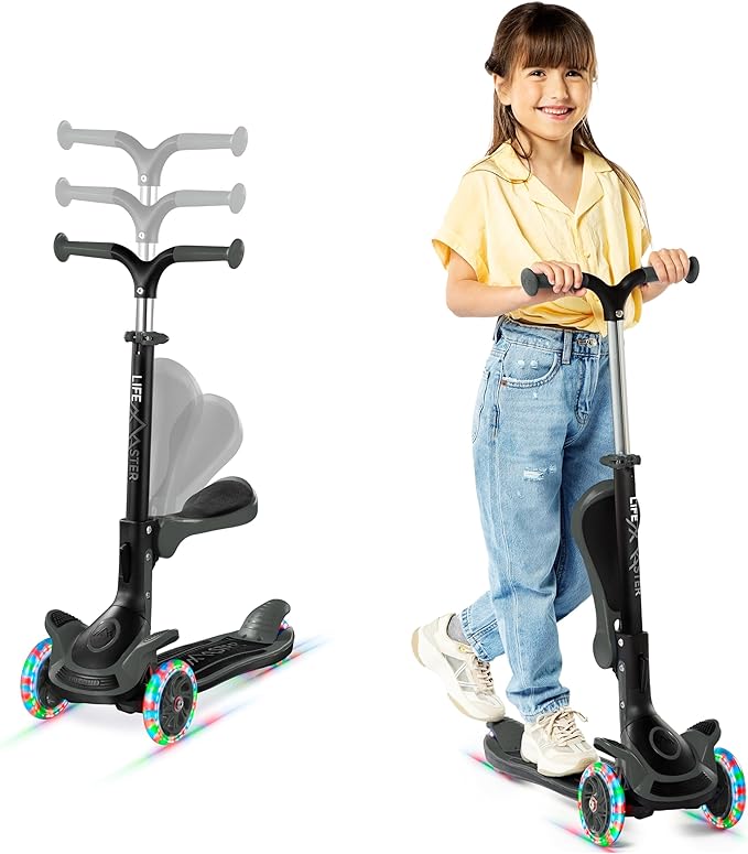 Kids Scooter – Foldable Seat – LED Wheel Lights Illuminate When Rolling – Children and Toddler 3 Wheel Kick Scooter – Adjustable Handlebar – Indoor and Outdoor- by Lifemaster