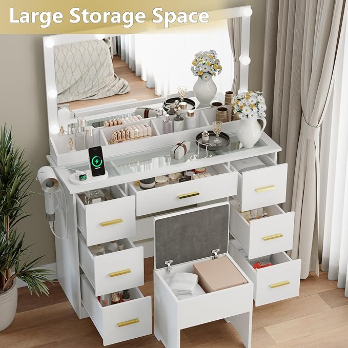 Makeup Vanity with Large Lighted Mirror and Chair, 7 Drawers Vanity Makeup Desk Table with Power Strip, Adjustable Lighting, and Cushioned Storage Stool for Women, Girls