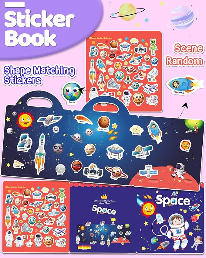 Benresive Reusable Sticker Book for Toddlers 2-4 Years, Fun Travel Stickers for Kids, Waterproof Sticker Books for Toddlers 1-3, Crafts Activities for Toddler 1-3 2-4 3-5 - Space
