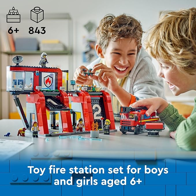 LEGO City Fire Station with Fire Truck Toy - Kids Toy Building Sets with 2 Fire Truck Attachments - Gifts for Boys & Girls Ages 6+ - Pretend Play Set with 5 Minifigures - 60414