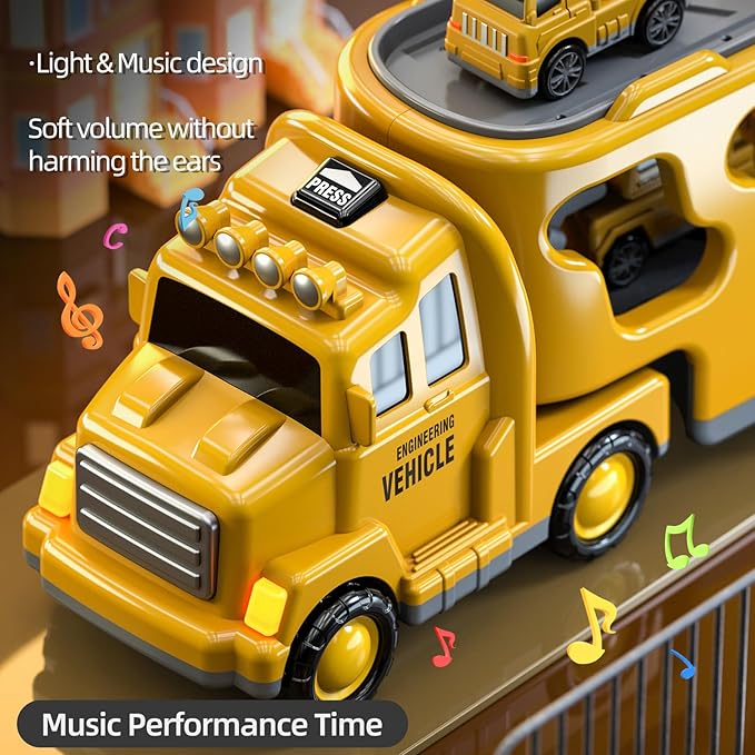 5 in 1 Construction Trucks Cars Toys for Toddlers 3-5, Boy Toddler Car Truck Toys with Light Sound, Includes Crane, Mixer, Bulldozer & Excavator, Birthday Gifts Toys for 2 3 4 5 Year Old