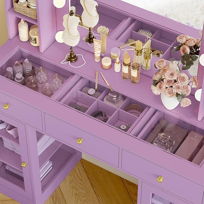 Makeup Vanity Desk with Mirror and Lights, Purple Vanity with Glass Top, LED Lights & Power Outlet, 3 Drawers & 2 RGB Glass Cabinets, Adjustable Lighted Dressing Table for Women & Girls Bedroom