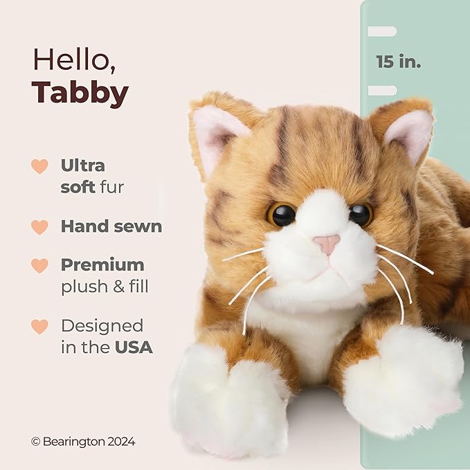 Bearington Collection 15-Inch Tabby Cat Plush Toy - Realistic Stuffed Animal for Kids - Orange Stuffed Cat