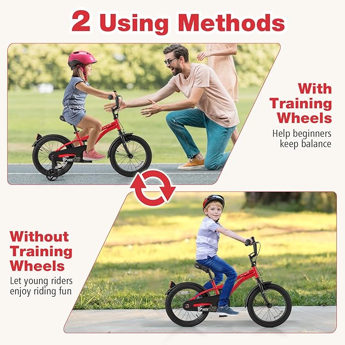 BABY JOY Kids Bike, 12 14 16 18 Inches Sporty Bicycle with Training Wheels, Adjustable Seat, Handbrake & Coaster Brake, Reflectors, Girls Boys Bike for 3-8 Years Old Children