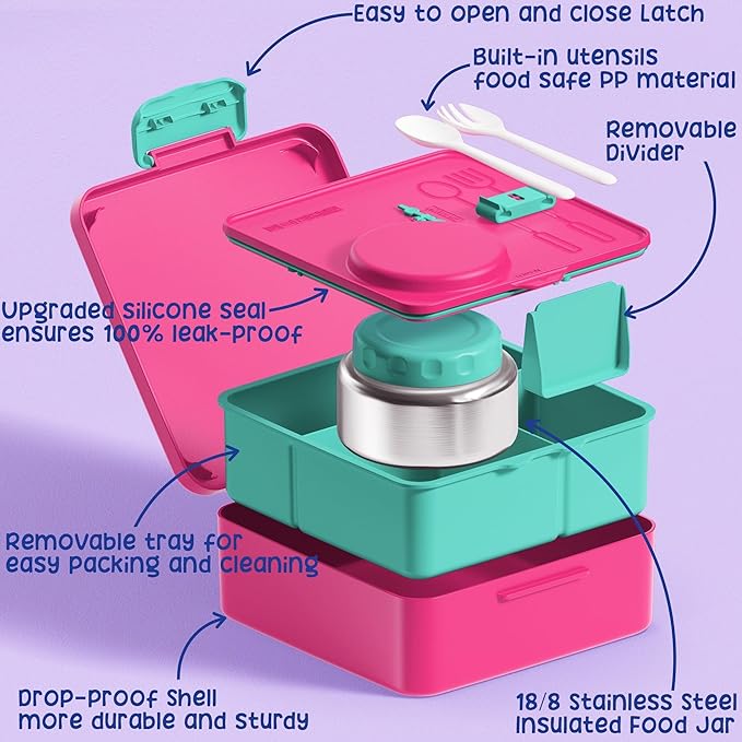 Fimibuke Bento Box for Kids Adult - Leakproof 3-4 Compartments Lunch Bento Box Set with Insulated Food Jar, Water Bottle, Lunch Bag, Sauce Cup & Cutlery for Toddler Teen Shcool Girl Boy Age 3+