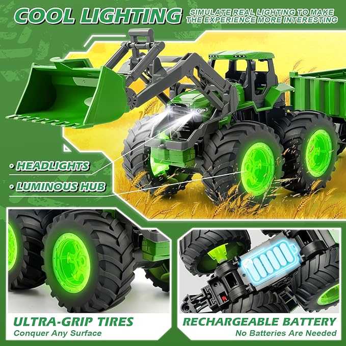 Remote Control Tractor Toy, Kids RC Tractor Set with Truck & Trailer and Light/Loading/8 Wheel, 2.4 Ghz RC Farm Vehicle Toys, Animal Farm Kids Toy for 3 4 5 6 7 8 9 Year Old Boys Girls Birthday Gift