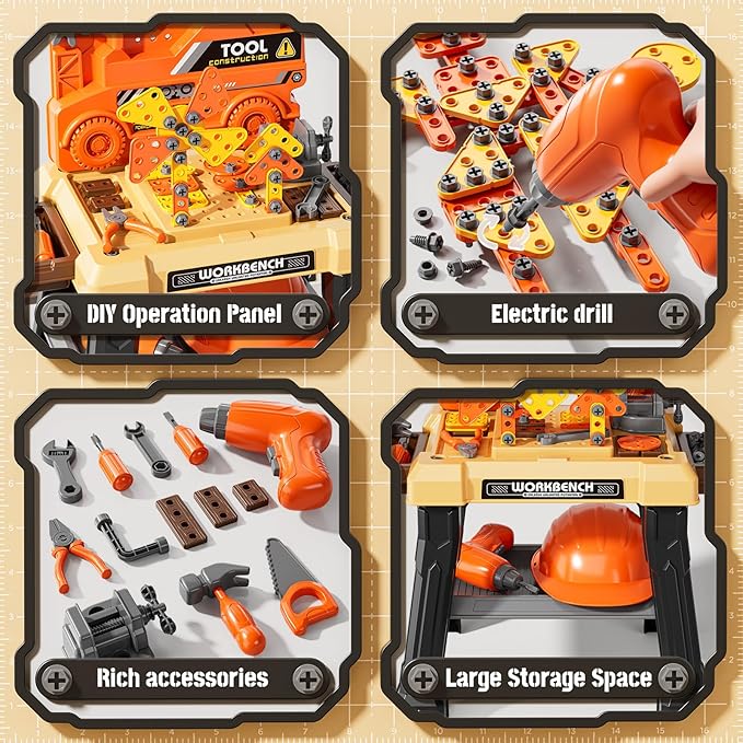Kids Tool Bench Set with Electric Drill and Realistic Tool, Pretend Play Construction Workbench Toys for Toddlers Ages 3-5 Years Old, Birthday Gifts for Boys Age 3 4 5 6 7 8 Year Old