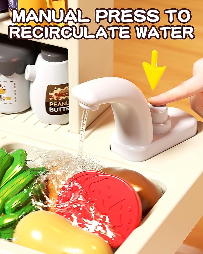 33.8IN Kids Kitchen Playset, 63PCS Kid Play Kitchen with Realistic Lights & Sounds, Spray Sink Toy Kitchen Accessories, Pretend Food Toys Kitchen for Boys Girls Toddlers(Green)