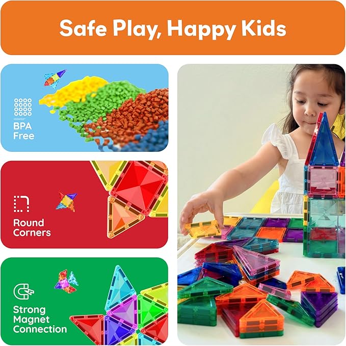 PicassoTiles 80pc Mini Travel Size Magnetic Tiles Building Blocks Construction Build STEM Learning On The Go Vacation Toy Set Birthday Gifting Classroom Magnet Tile Kit Educational Ages 3 and up PTM80