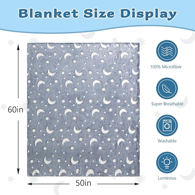 QSTEHEML Moon Glow in The Dark Blanket,Star Gifts Toys for Kids Boy Birthday Christmas Bedroom Decor for Age 3-12 Years Old Toddler Teens Child Grandkids Soft Luminous Blanket 50"×60"