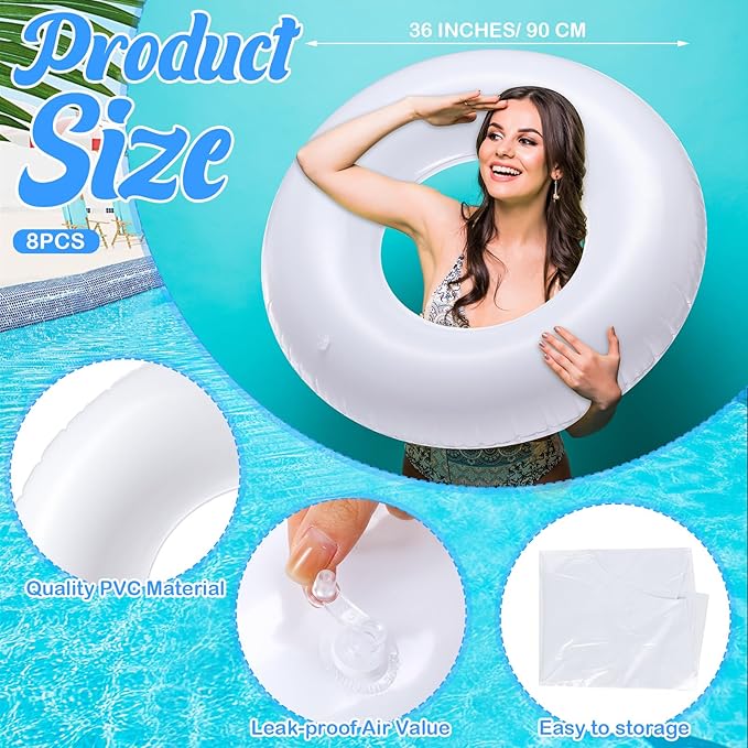 8 Pcs Large Inflatable Pool Float 36 Inches Swimming Ring Pool Floats Adult Inflatable Tube for Summer Vacation Beach River Bachelorette Wedding Party Supplies
