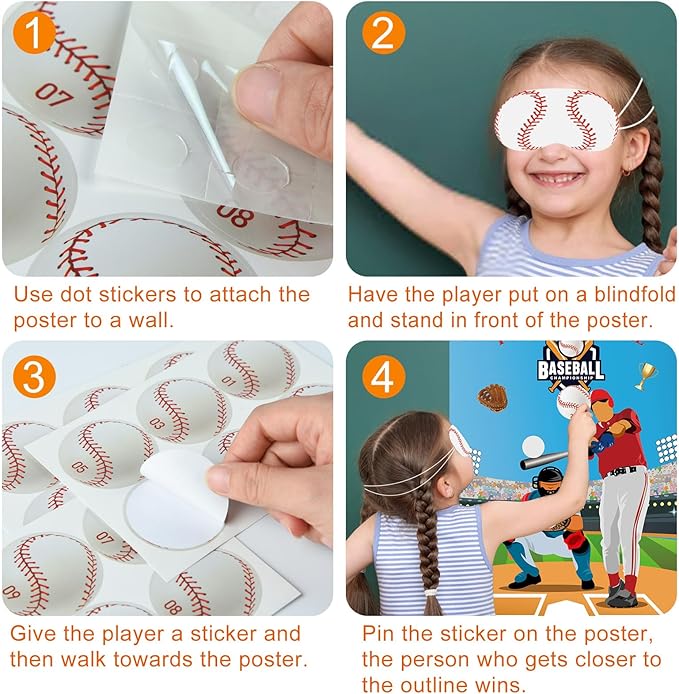 PLULON Pin The Baseball Party Game for Kids Pin the Baseball on the Glove and Bat Large Baseball Poster with Baseball Stickers for Boys Girls Birthday Party Wall Decorations Classroom Activities